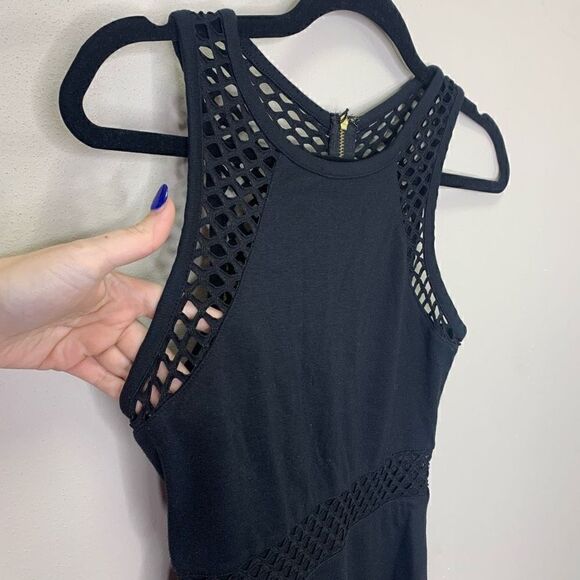 EXPRESS Black Midi Dress With See-through Mesh Midi Section Below Knee Length. S - Picture 2 of 7